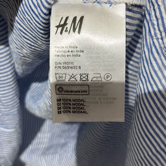 H&M L.O.G.G Women's Blue White Pinstripe Tie Sleeve V-Neck Blouse Size 6 - Picture 11 of 11